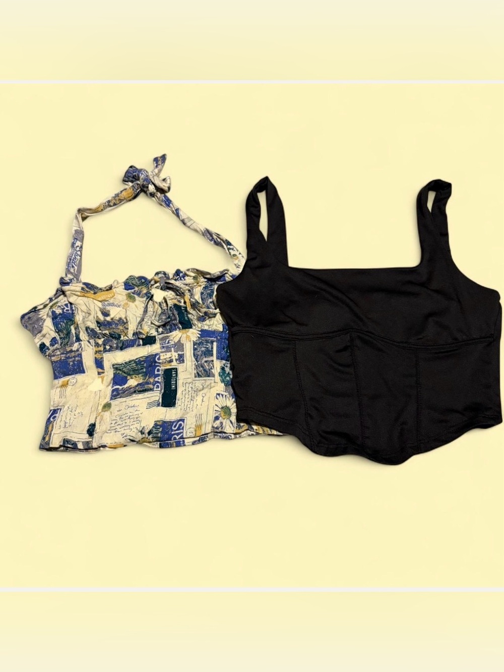 Urban Outfitters Blue Floral Print Halter + Black Crop Tank Top
